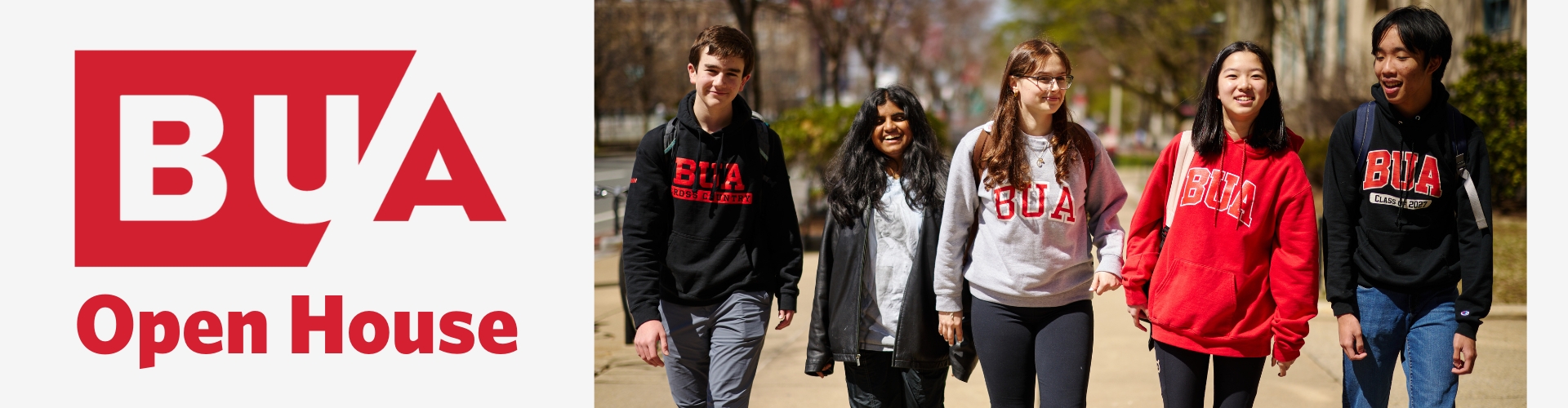 Banner image that says BUA Open House with a image on the right of a group of students walking